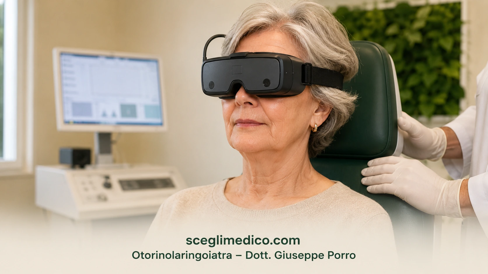 Scena illustrativa di valutazione vestibolare con strumenti per l’osservazione dei movimenti oculari.